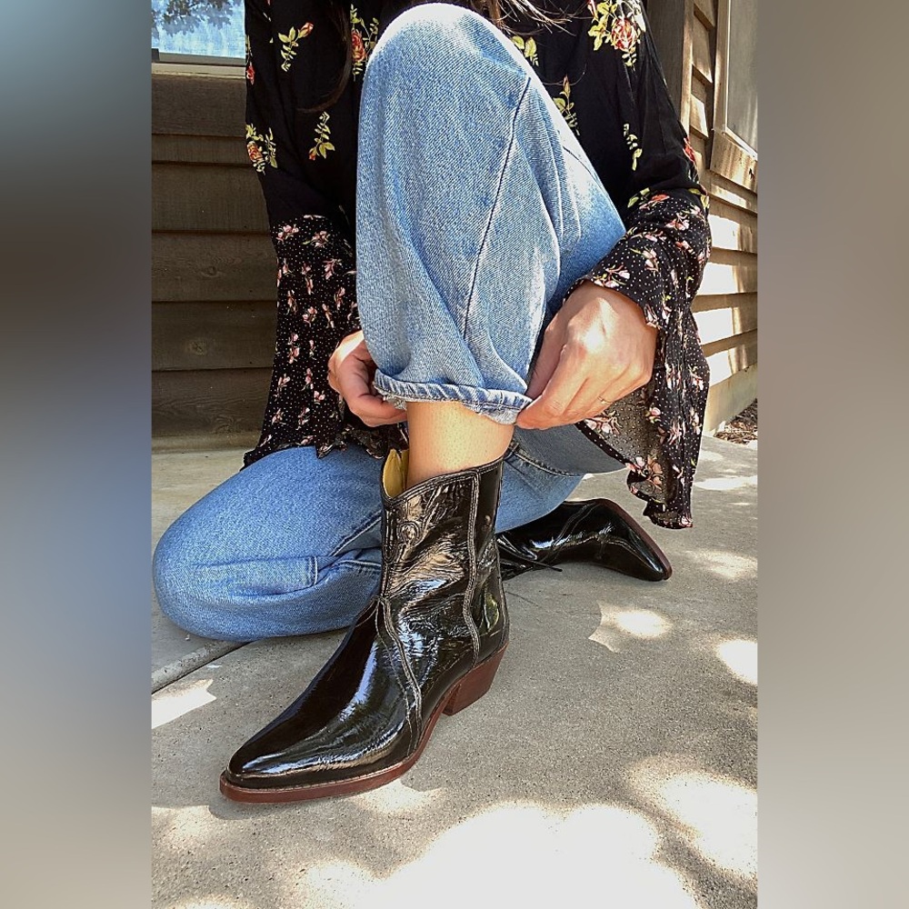 Free People Black Patent Leather Ankle‎ Cowboy Boots Sz. 39